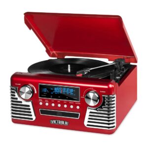 victrola 50's retro bluetooth record player & multimedia center with built-in speakers - 3-speed turntable, cd player, am/fm radio | wireless music streaming | red