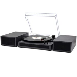 lp&no.1 vinyl record player with stereo bookshelf speakers, vintage wood finish, 3-speed belt-drive turntable with wireless input playback mode, rca output, auto stop | black gray