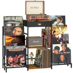 Record Player Stand with Vinyl Storage, Record Player Table with 8-Tier Vinyl Display Holder, Vinyl Record Stand Storage Up to 200 Albums, Turntable Stand with Metal Frame, End Table for Living Room