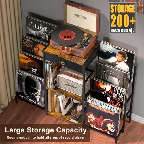 Record Player Stand with Vinyl Storage, Record Player Table with 8-Tier Vinyl Display Holder, Vinyl Record Stand Storage Up to 200 Albums, Turntable Stand with Metal Frame, End Table for Living Room