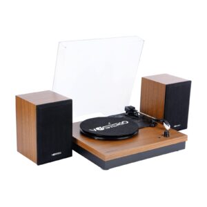 vosterio bluetooth record player, 3-speed belt-driven turntable with bluetooth input& output, aux-in, two 15w external speakers, retro vinyl player, walnut