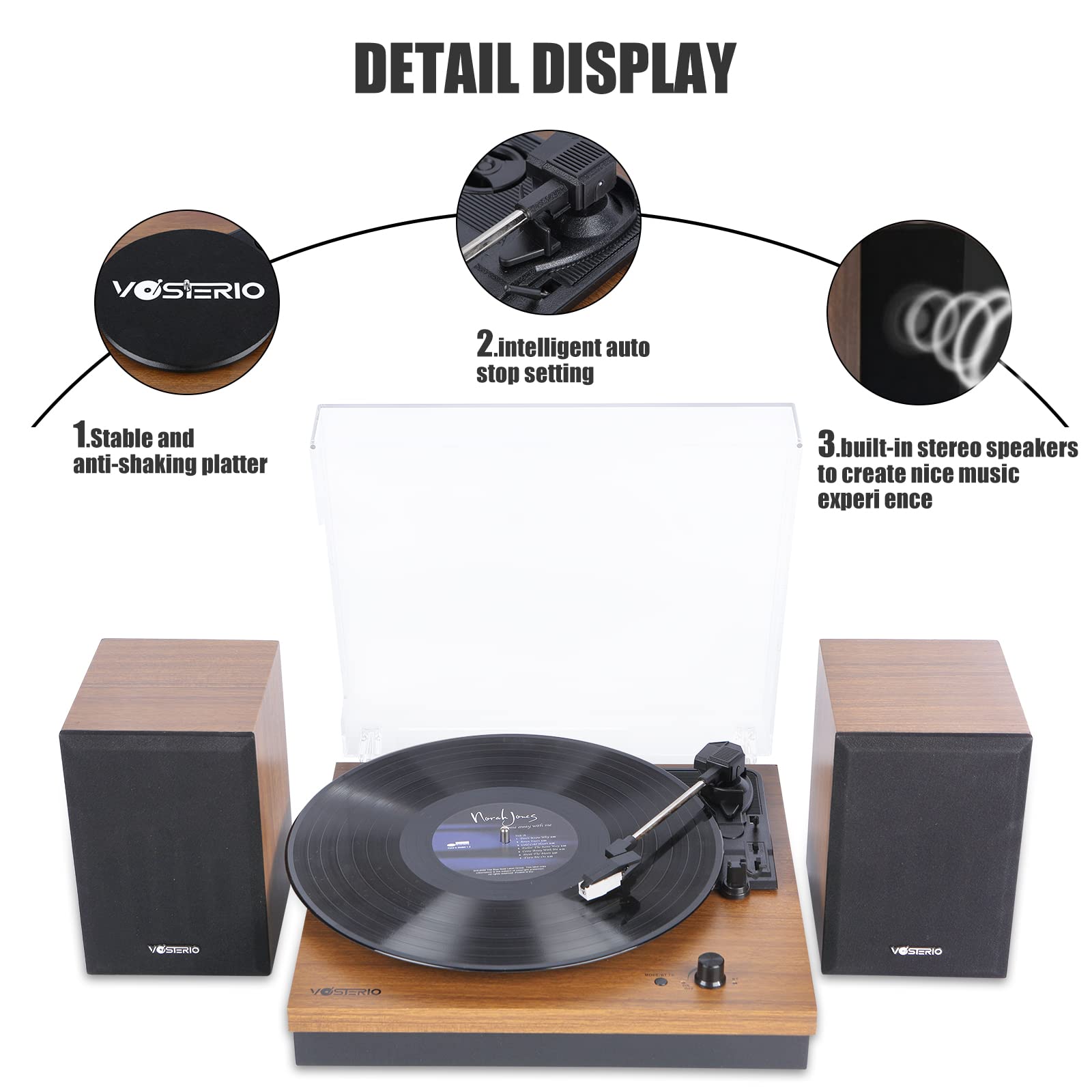 Vosterio Bluetooth Record Player, 3-Speed Belt-Driven Turntable with Bluetooth Input& Output, Aux-in, Two 15W External Speakers, Retro Vinyl Player, Walnut