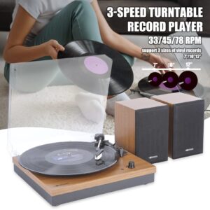 Vosterio Bluetooth Record Player, 3-Speed Belt-Driven Turntable with Bluetooth Input& Output, Aux-in, Two 15W External Speakers, Retro Vinyl Player, Walnut