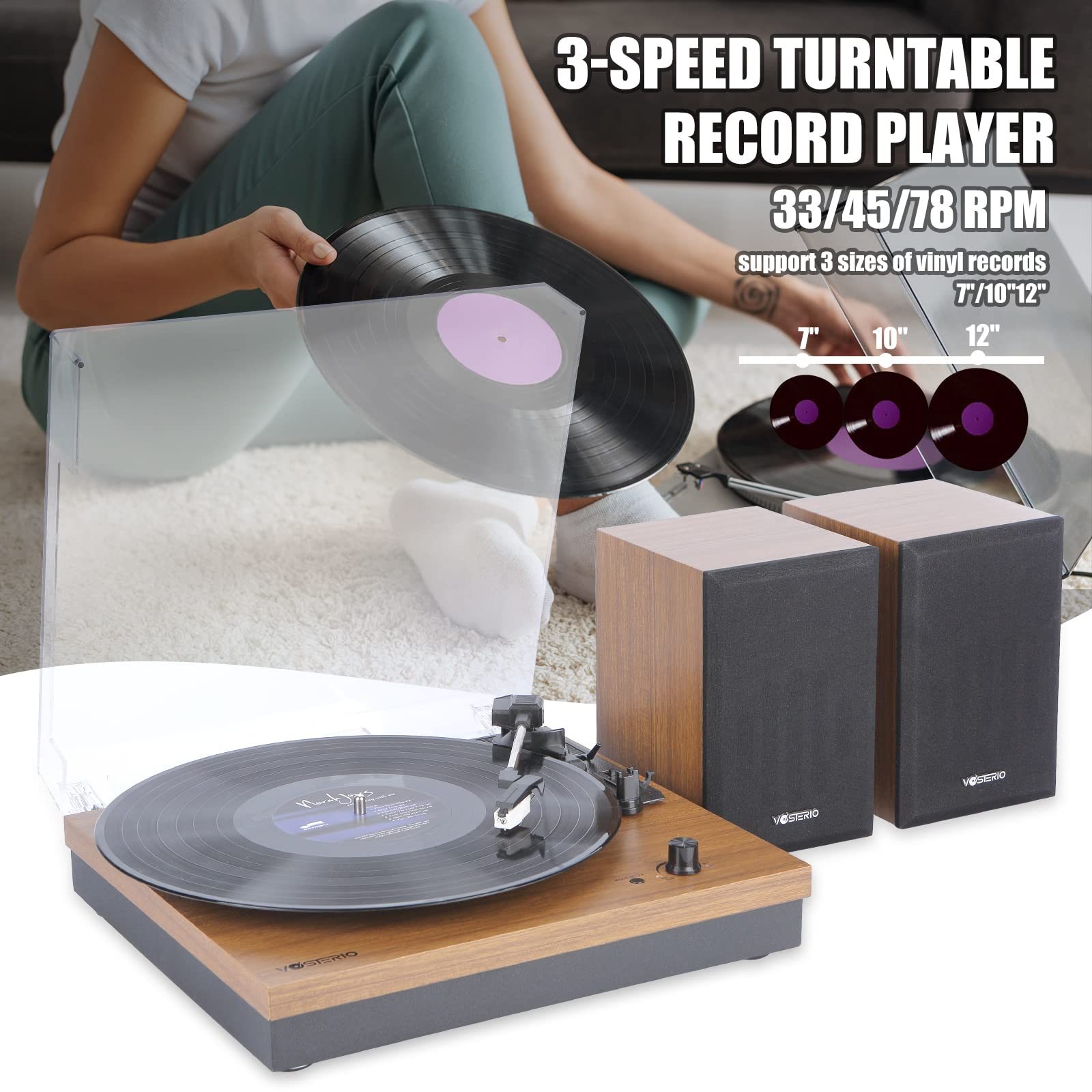 Vosterio Bluetooth Record Player, 3-Speed Belt-Driven Turntable with Bluetooth Input& Output, Aux-in, Two 15W External Speakers, Retro Vinyl Player, Walnut