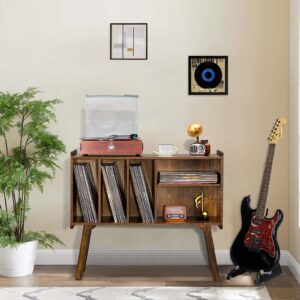 Lerliuo Record Player Stand with 4 Cabinet Holds Up to 220 Albums, Large Turntable Stand with Beech Wood Legs, Mid-Century Record Player Table,Brown Vinyl Holder Storage Shelf for Bedroom Living Room