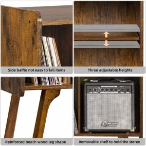 Lerliuo Record Player Stand with 4 Cabinet Holds Up to 220 Albums, Large Turntable Stand with Beech Wood Legs, Mid-Century Record Player Table,Brown Vinyl Holder Storage Shelf for Bedroom Living Room