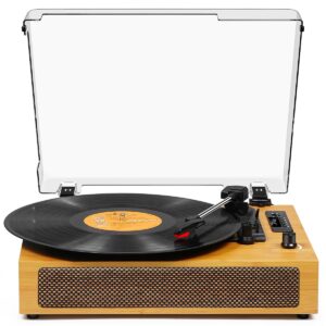 vinyl record player vintage bluetooth turntable for vinyl with built-in speakers, 3 speeds belt-driven portable retro record player for entertainment and home decoration, bamboo