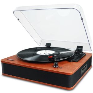 vosterio record player turntable with speakers for vinyl records, vintage bluetooth belt drive lp player with fm radio, usb, tf recording, aux in & led display
