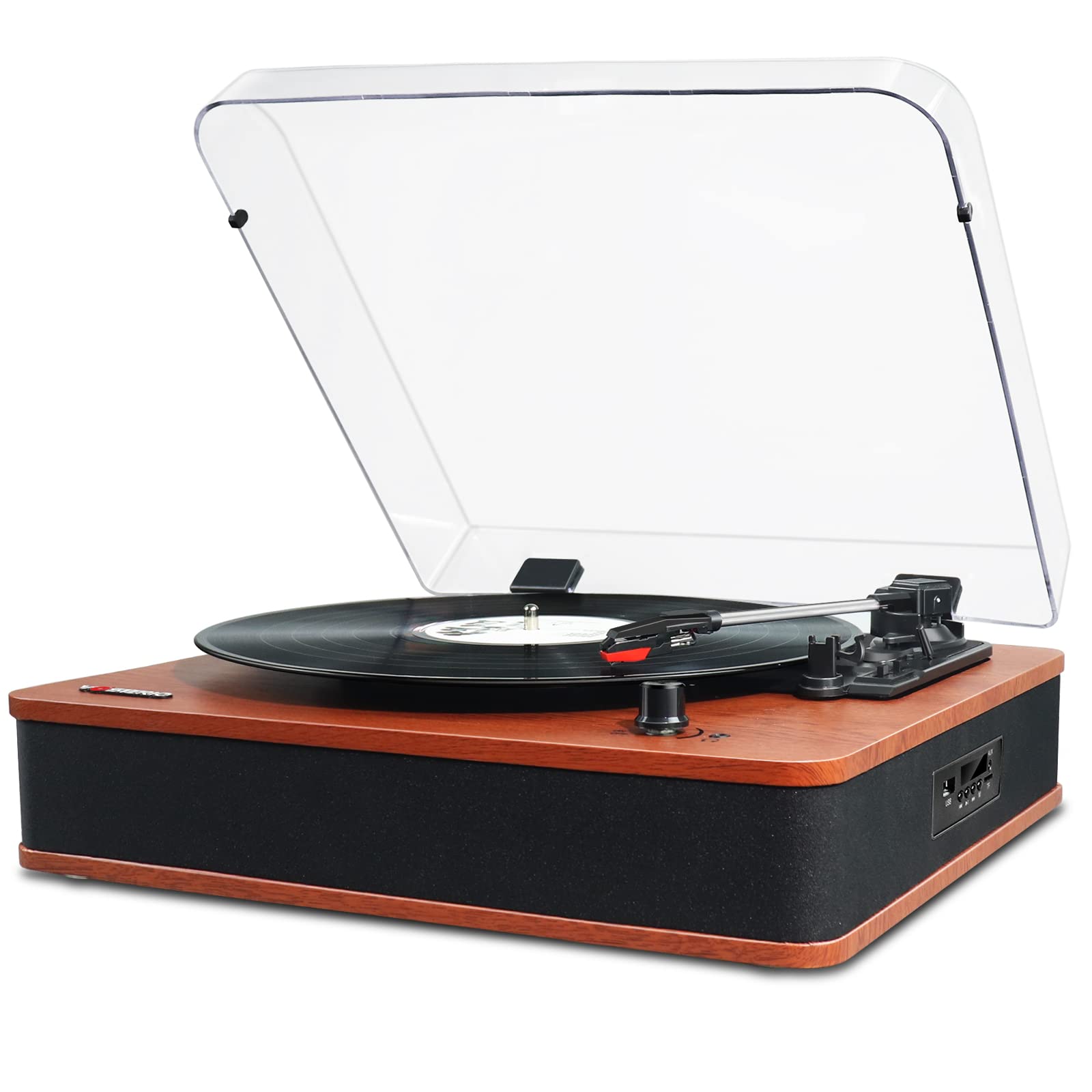 Vosterio Record Player Turntable with Speakers for Vinyl Records, Vintage Bluetooth Belt Drive LP Player with FM Radio, USB, TF Recording, Aux in & LED Display