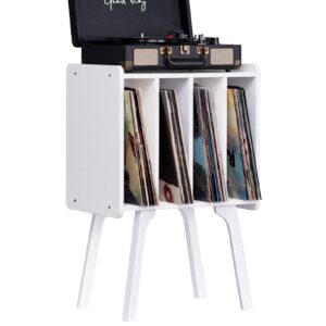 LELELINKY Small Record Player Stand - Width 11.7 In, White Vinyl Record Storage Table with 4 Cabinet Up to 80 Albums, Vinyl Holder with Wood Legs,Turntable Stand Display Shelf for Bedroom Living Room