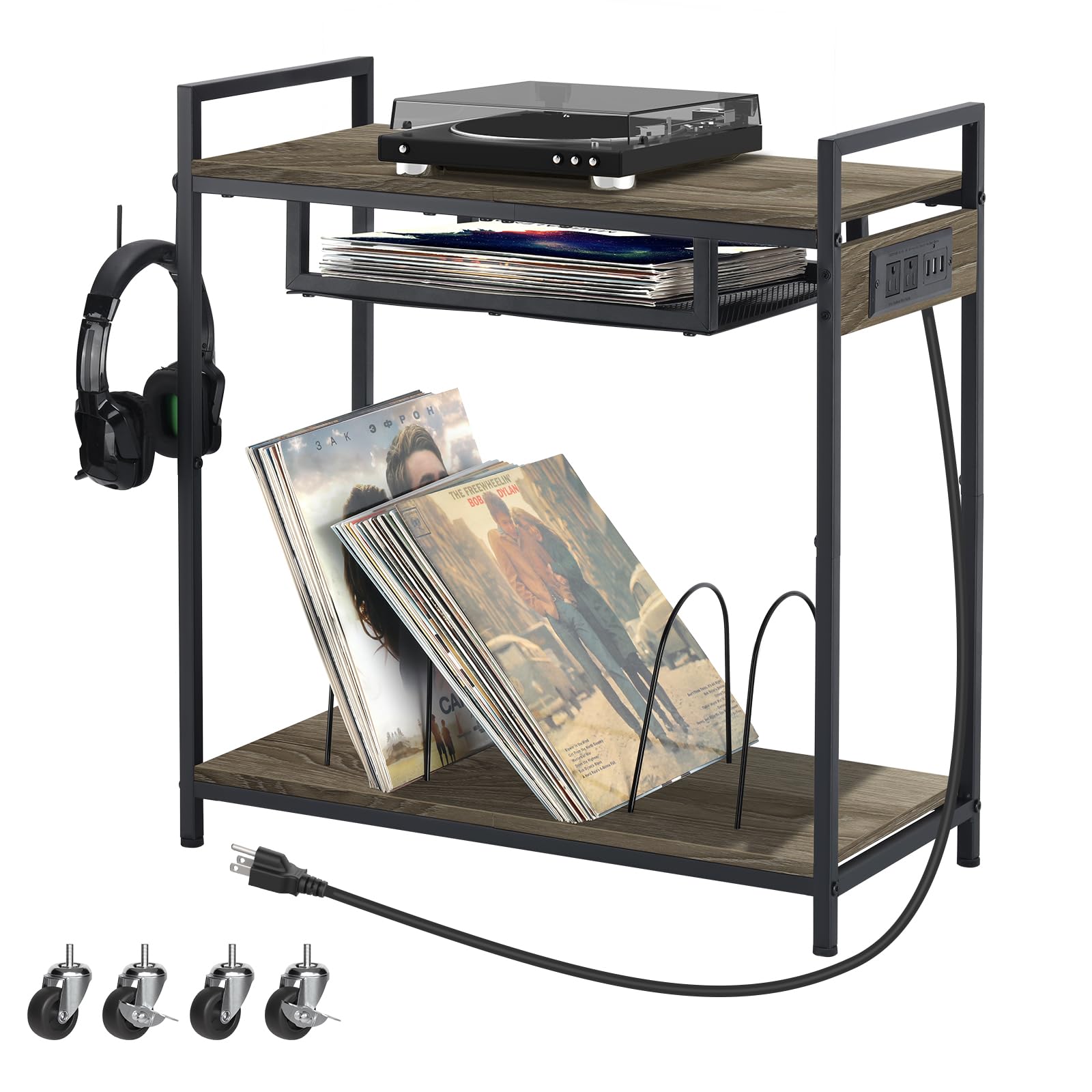 Record Player Stand Vinyl Record Stand with 2 Tier Storage and Wheels Turntable Stand with Charging Station and Album Storage End Table with Vinyl Holder Display Shelf for Living Room Grey