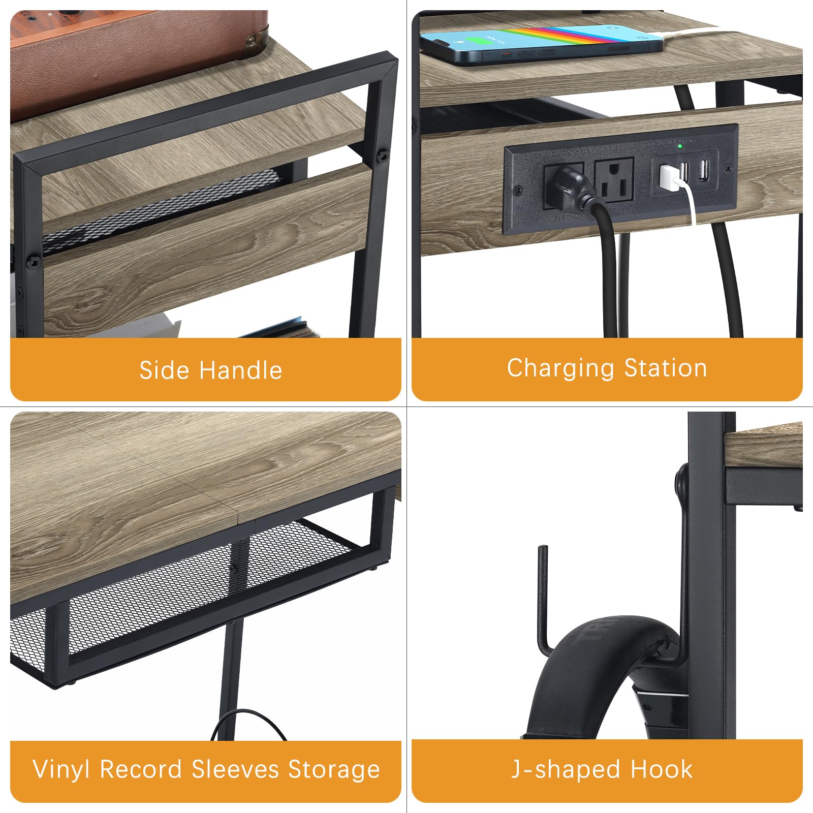 Record Player Stand Vinyl Record Stand with 2 Tier Storage and Wheels Turntable Stand with Charging Station and Album Storage End Table with Vinyl Holder Display Shelf for Living Room Grey