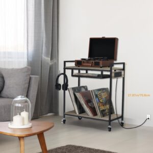 Record Player Stand Vinyl Record Stand with 2 Tier Storage and Wheels Turntable Stand with Charging Station and Album Storage End Table with Vinyl Holder Display Shelf for Living Room Grey