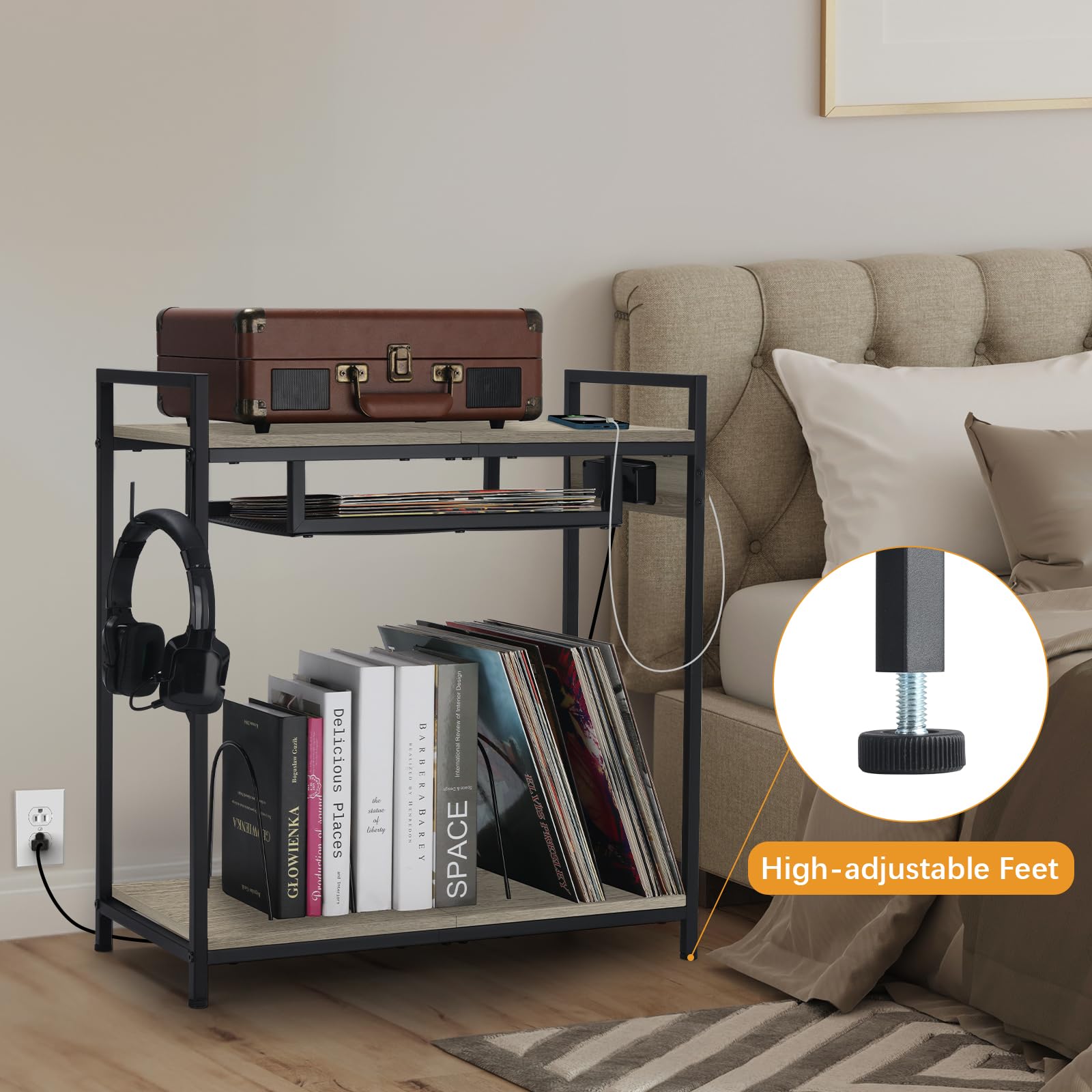 Record Player Stand Vinyl Record Stand with 2 Tier Storage and Wheels Turntable Stand with Charging Station and Album Storage End Table with Vinyl Holder Display Shelf for Living Room Grey