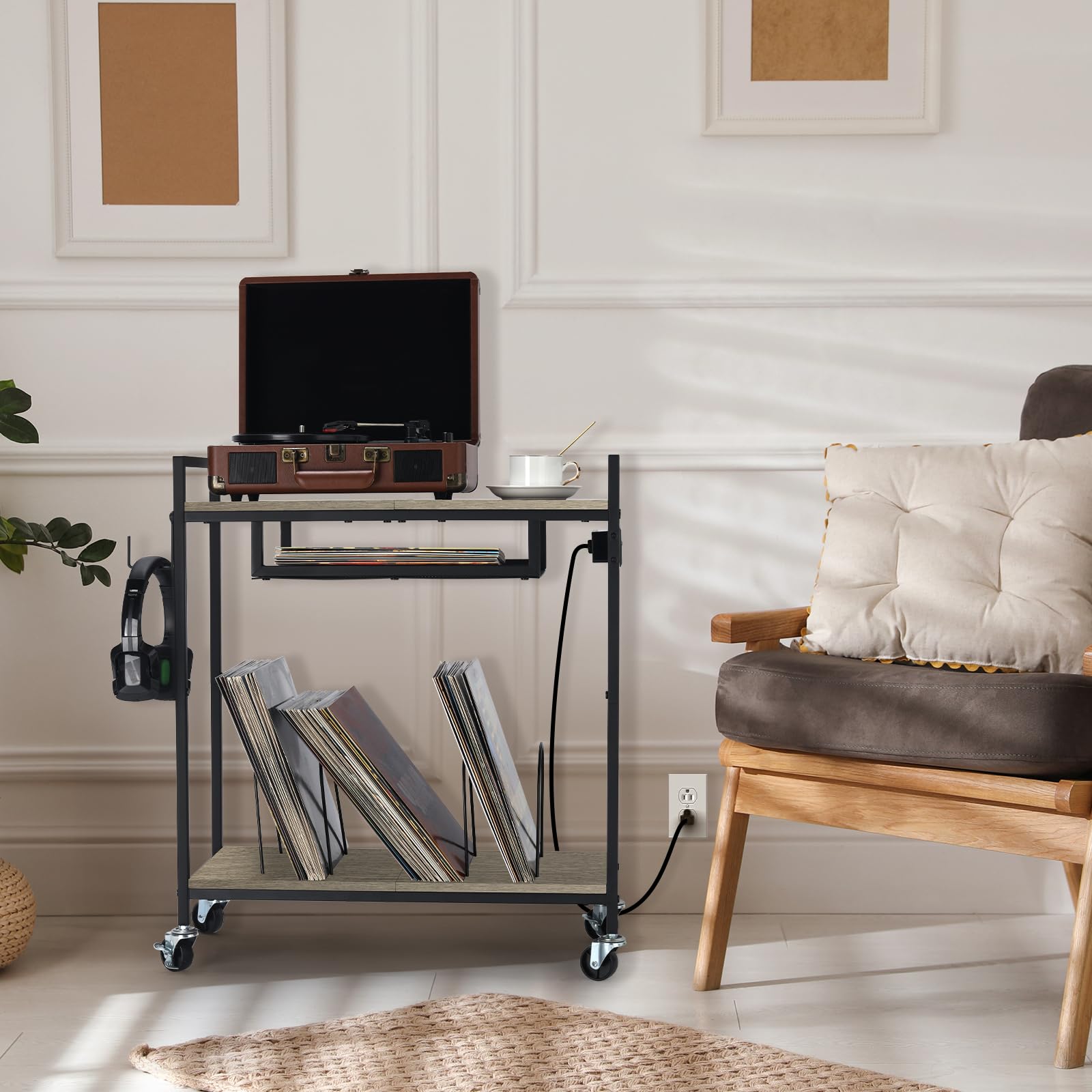 Record Player Stand Vinyl Record Stand with 2 Tier Storage and Wheels Turntable Stand with Charging Station and Album Storage End Table with Vinyl Holder Display Shelf for Living Room Grey