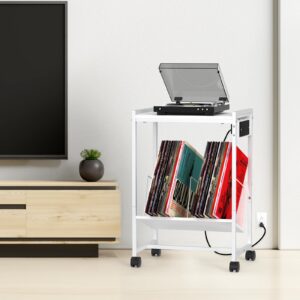 Record Player Stand White Vinyl Record Storage Record Player Table with Charging Station Turntable Stand with Album Storage End Side Table Nightstand for Living Room Bedroom