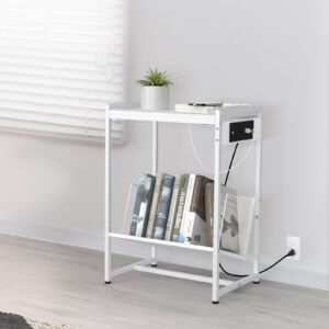 Record Player Stand White Vinyl Record Storage Record Player Table with Charging Station Turntable Stand with Album Storage End Side Table Nightstand for Living Room Bedroom