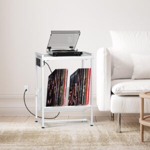 Record Player Stand White Vinyl Record Storage Record Player Table with Charging Station Turntable Stand with Album Storage End Side Table Nightstand for Living Room Bedroom