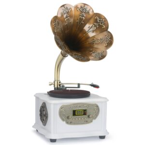 Phonograph Turntable Wireless Speaker, with Aux-in, FM Radio, USB Port for Flash Drive, Wooden Gramophone Vintage Retro Style (Wood)