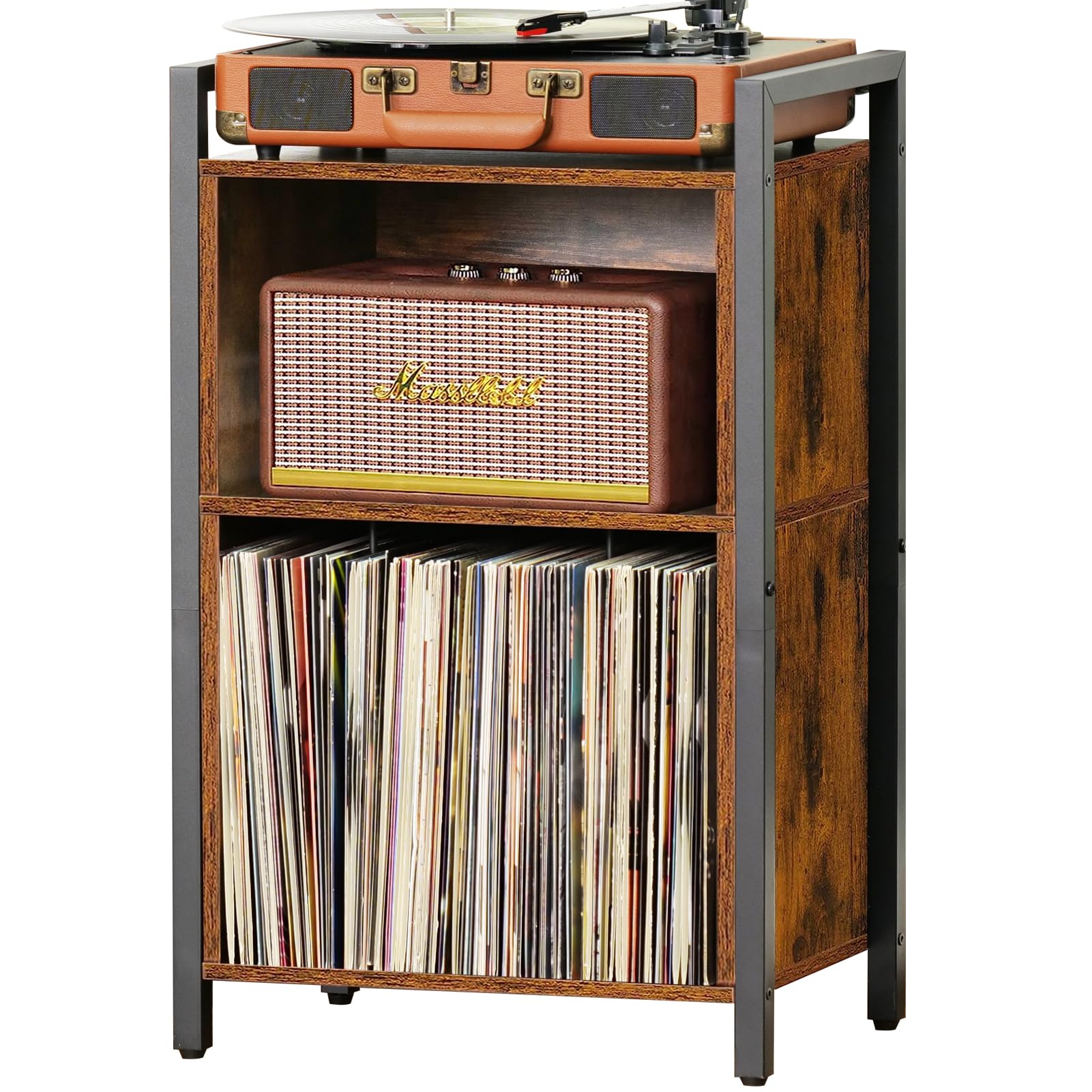 LELELINKY Record Player Stand, 2-Tier Vinyl Record Storage Cabinet with Metal Frame, Cube Vinyl Holder Organizer, Turntable Stand, End Table, Nightstand for Living Room, Bedroom, Office- Retro Brown