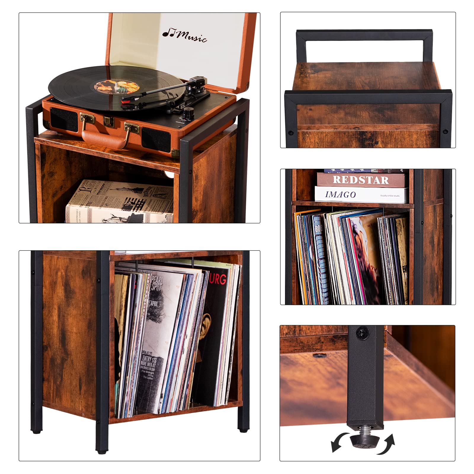 LELELINKY Record Player Stand, 2-Tier Vinyl Record Storage Cabinet with Metal Frame, Cube Vinyl Holder Organizer, Turntable Stand, End Table, Nightstand for Living Room, Bedroom, Office- Retro Brown