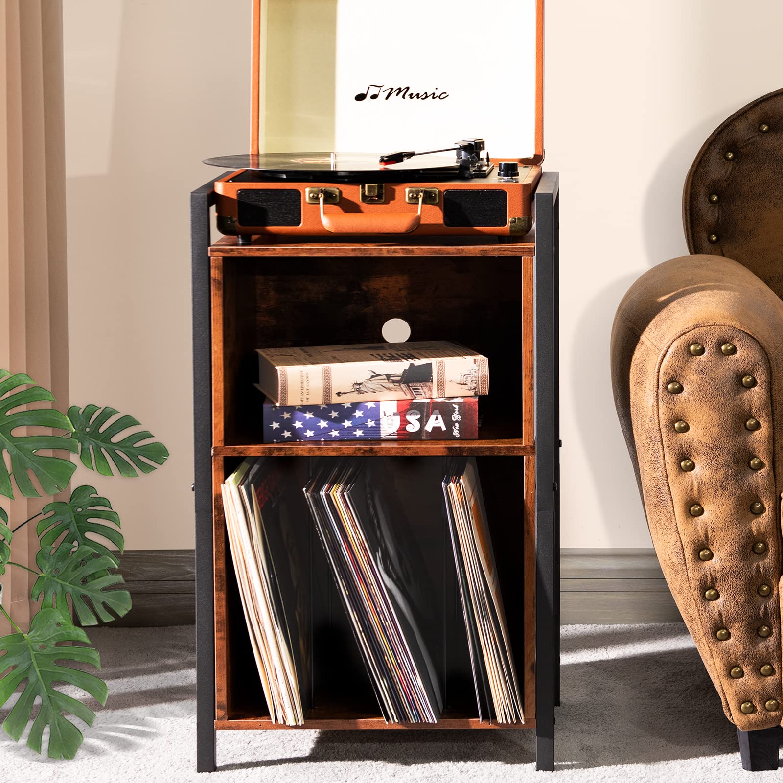 LELELINKY Record Player Stand, 2-Tier Vinyl Record Storage Cabinet with Metal Frame, Cube Vinyl Holder Organizer, Turntable Stand, End Table, Nightstand for Living Room, Bedroom, Office- Retro Brown