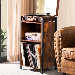 LELELINKY Record Player Stand, 2-Tier Vinyl Record Storage Cabinet with Metal Frame, Cube Vinyl Holder Organizer, Turntable Stand, End Table, Nightstand for Living Room, Bedroom, Office- Retro Brown