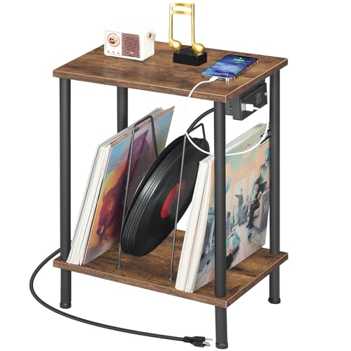 HOOBRO Record Player Stand with Charging Station, 2 Tier Record Player Table with Storage Up to 80-100 Albums, Turntable Stand with Record Holder, for Vinyls Media Stereo, Rustic Brown BF01URS01