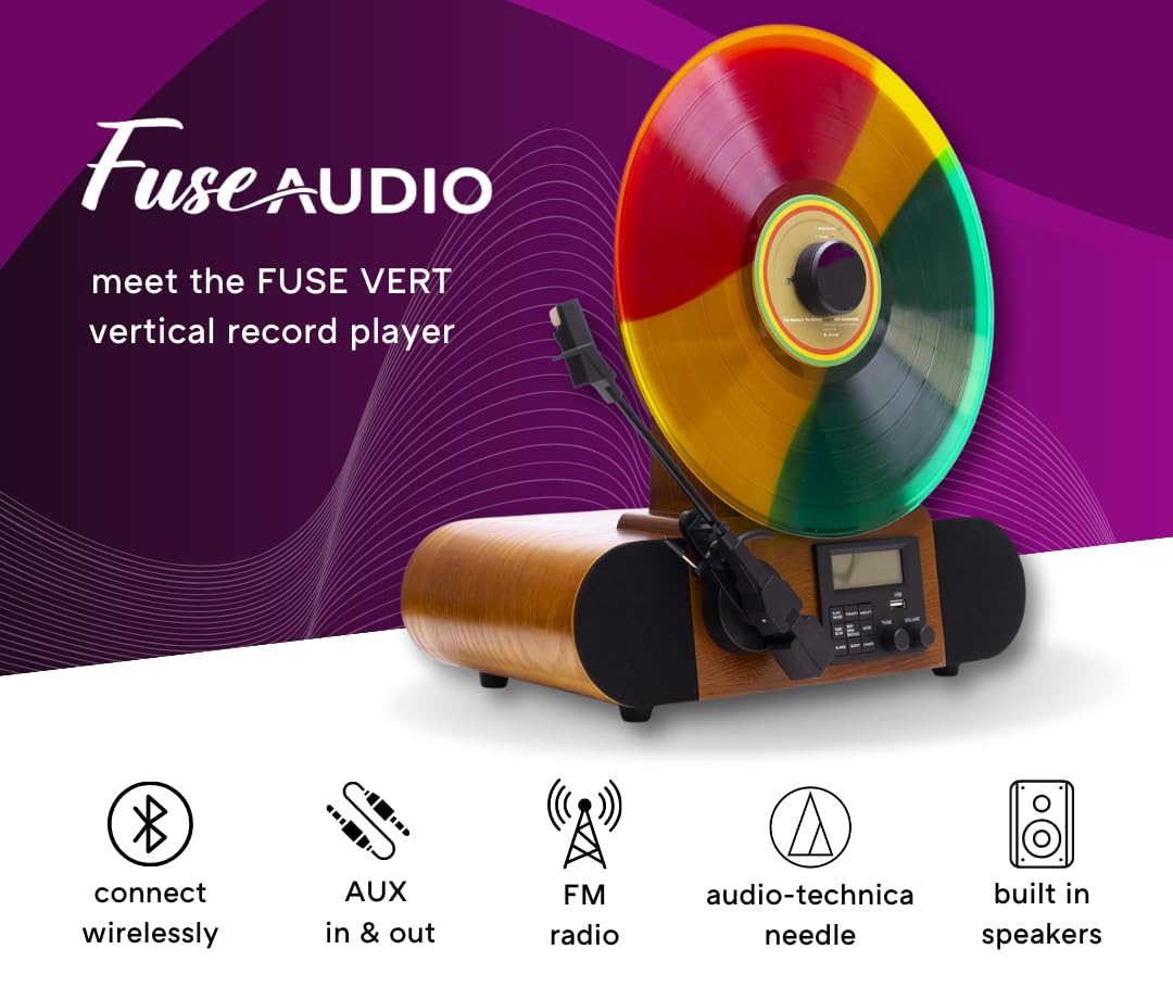 Fuse Vert Vertical Vinyl Record Player | FM Radio, Bluetooth, AUX, USB | Alarm Clock | Audio Technica Cartridge | Full Range Speakers | Vintage Mid Century Modern | Handcrafted Ashtree Wood