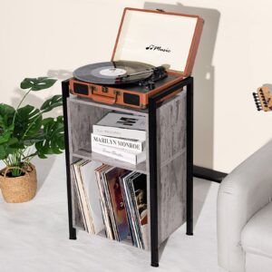 LELELINKY Record Player Stand, 2-Tier Vinyl Record Storage Up to 100 Albums, Industrial Turntable Stand with Metal Frame, Cube Vinyl Holder Organizer, End Table for Living Room, Bedroom - Retro Grey