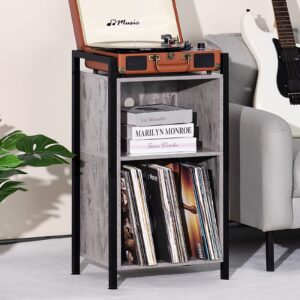 LELELINKY Record Player Stand, 2-Tier Vinyl Record Storage Up to 100 Albums, Industrial Turntable Stand with Metal Frame, Cube Vinyl Holder Organizer, End Table for Living Room, Bedroom - Retro Grey