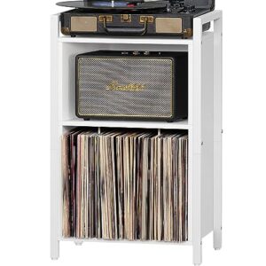 yaharbo record player stand, 3-shelf vinyl record holder with storage, white record stand, vintage turntable stand holds up to 100 albums,record table with handle for living room,bedroom