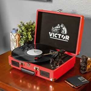 VICTOR Metro 3-Speed Portable Suitcase Turntable Record Player with Dual Bluetooth in & Out and Built-in Stereo Speakers, Red