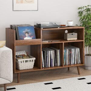Oubayajia Record Player Stand with Charging Station & USB Ports, Mid-Century Turntable Stand Table Holds Up to 300 Albums, Vinyl Record Storage Cabinet with Wood Legs for Living Room Office(walnut)