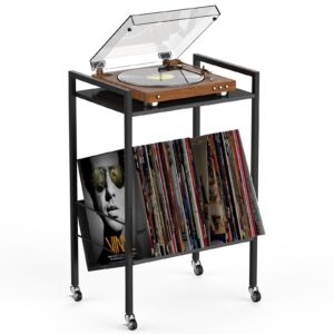 NORCEESAN Record Player Stand Turntable Stand with Record Storage 2 Tier Vinyl Player Stand Record Player Table with Wheels Black End Side Table Rolling Record Storage for Living Room Bedroom