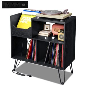 tc-homeny record player stand with vibration-isolated turntable design, vinyl record storage table with charging station, mid-century modern turntable stand (black)