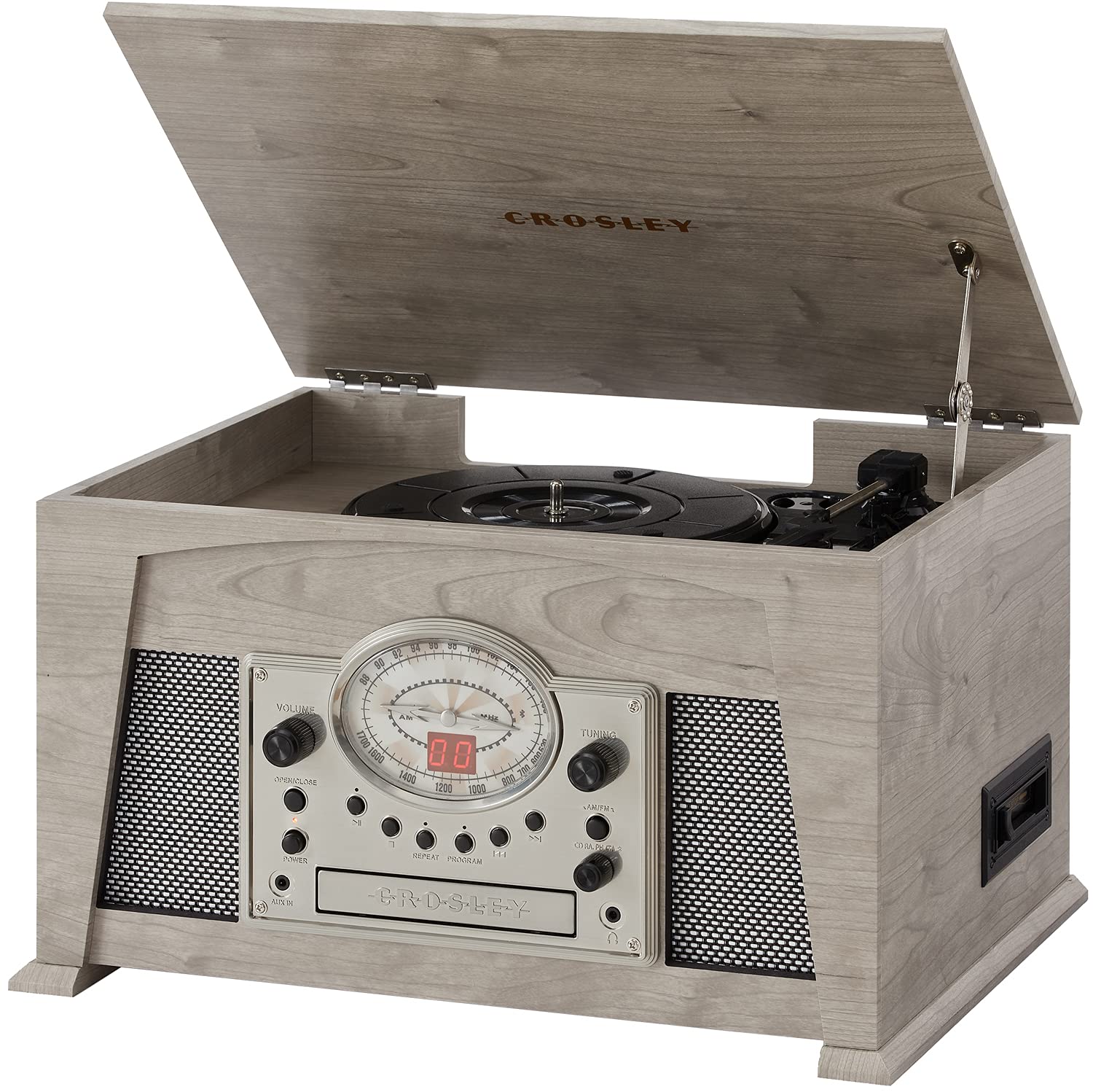 Crosley CR7015A-GY Medley 3-Speed Vinyl Record Player Turntable with Bluetooth, AM/FM Radio, CD Player, Cassette Deck, and Aux-in, Gray