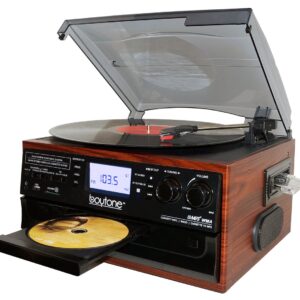 Boytone BT-22M, Bluetooth Record Player Turntable, AM/FM Radio, Cassette, CD Player, 2 Built in Speaker, Ability to Convert Vinyl, Radio, Cassette, CD to MP3 Without a Computer, SD Slot, USB, AUX