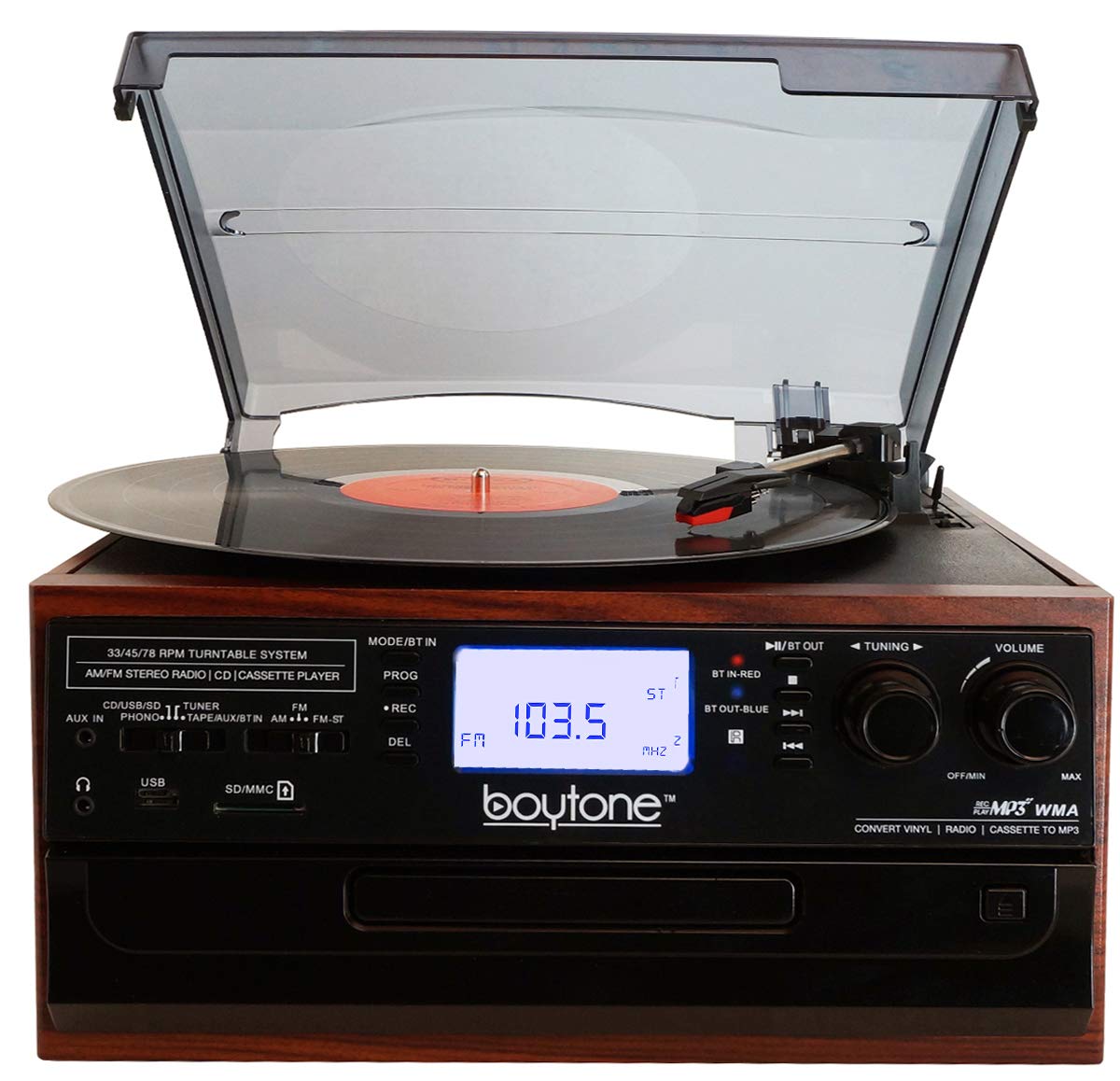 Boytone BT-22M, Bluetooth Record Player Turntable, AM/FM Radio, Cassette, CD Player, 2 Built in Speaker, Ability to Convert Vinyl, Radio, Cassette, CD to MP3 Without a Computer, SD Slot, USB, AUX