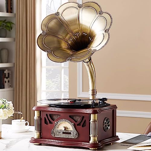 HZLSBL Vintage Gramophone with Bluetooth Output Vintage Record Players Retro Gramophone Turntables for 7" 9" 12" Vinyl Records 3 Speed, Hi-Fi, Handcrafted by Pure Oak (Walnut)
