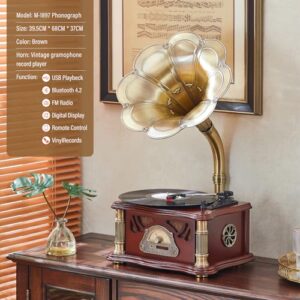 HZLSBL Vintage Gramophone with Bluetooth Output Vintage Record Players Retro Gramophone Turntables for 7" 9" 12" Vinyl Records 3 Speed, Hi-Fi, Handcrafted by Pure Oak (Walnut)