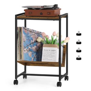 smusei Record Player Stand Industrial Record Player Table with Album Storage Shelf, Turntable Stand with Wheels Vinyl Record Holder Cabinet for Living Room Office, Rustic Brown