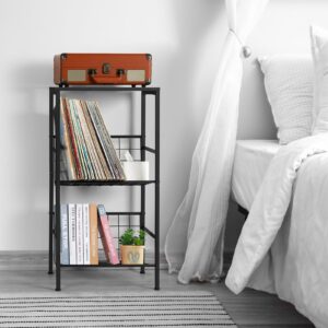 Record Player Table with Storage 3 Tier Industrial Record Player Stand Small Vinyl Storage Holder Hold up to 90 Albums for Living Room Bedroom Office, Black