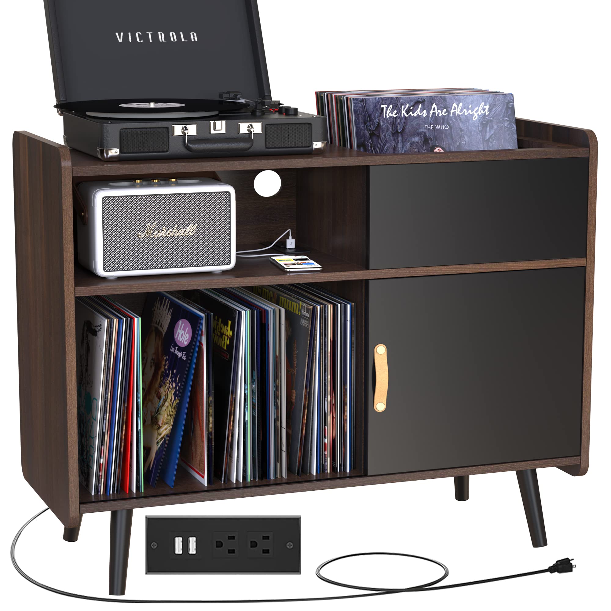 GDLF Large Record Player Stand, Vinyl Record Storage Cabinet with Power Outlet, Record Player Table Holds up to 350 Albums, Turntable Stand with Wood Legs for Living Room,Bedroom,Office