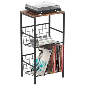 ybing record player stand, 3-tier vinyl record holder with storage turntable stand with shelf record display table vinyl storage stand end side table for living room bedroom, brown