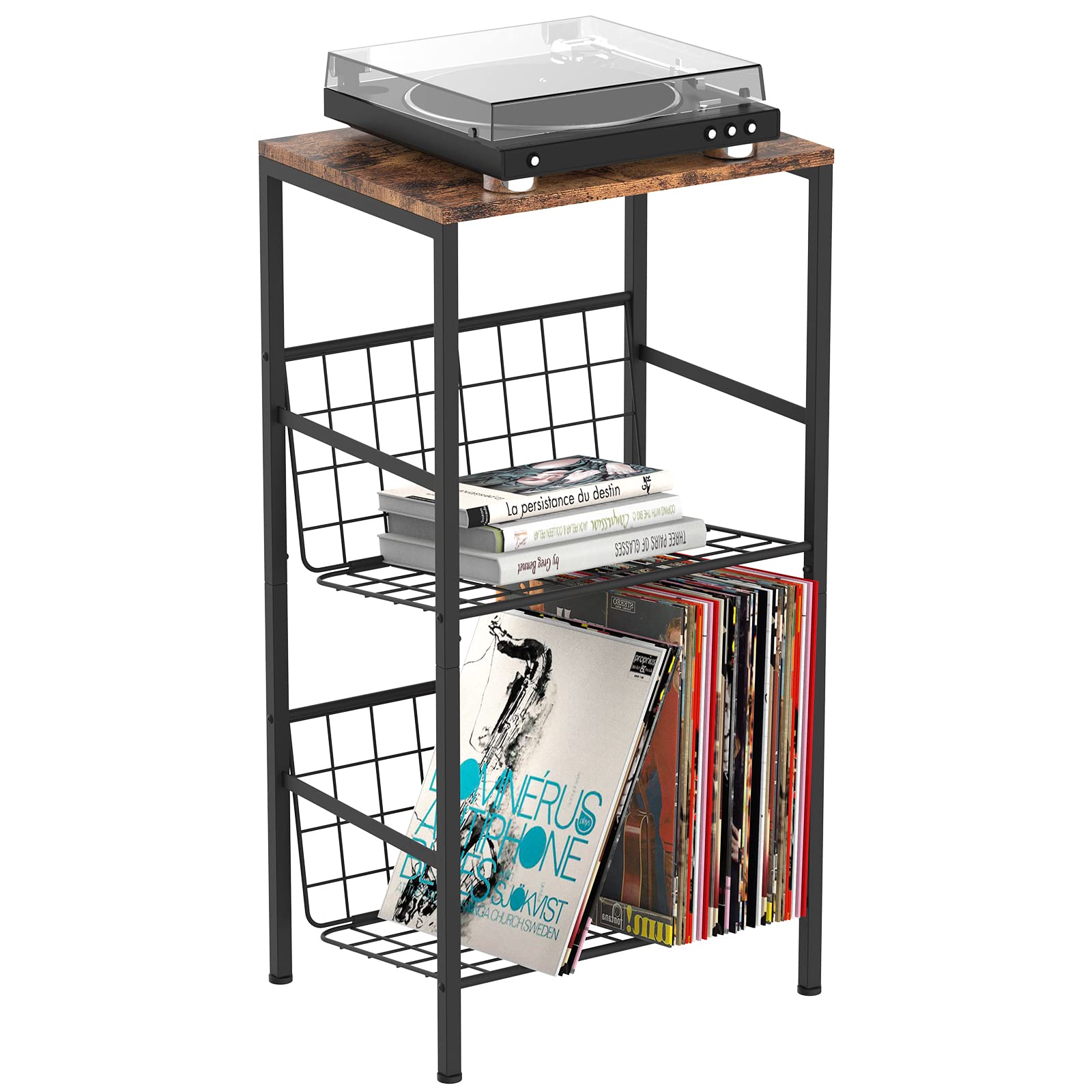 YBING Record Player Stand, 3-tier Vinyl Record Holder with Storage Turntable Stand with Shelf Record Display Table Vinyl Storage Stand End Side Table for Living Room Bedroom, Brown