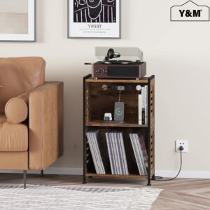 Y&M Record Player Stand, Vinyl Turntable Stand with Charging Station and USB Port, Record Display Table with Storage Cabinet, Turntable Holder, End Table, Nightstand for Bedroom, Living Room, Brown