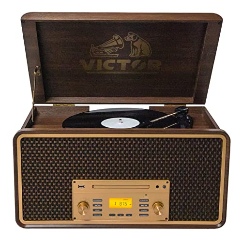 VICTOR Monument 8-in-1 Turntable Music Center with 3-Speed Record Player, CD/MP3/Cassette Player, AM/FM Radio, Dual Bluetooth in & Out, USB Playback & Record, and Built-in Stereo Speakers, Espresso