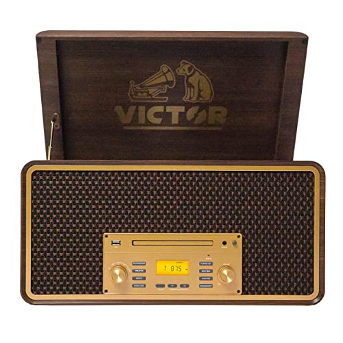VICTOR Monument 8-in-1 Turntable Music Center with 3-Speed Record Player, CD/MP3/Cassette Player, AM/FM Radio, Dual Bluetooth in & Out, USB Playback & Record, and Built-in Stereo Speakers, Espresso