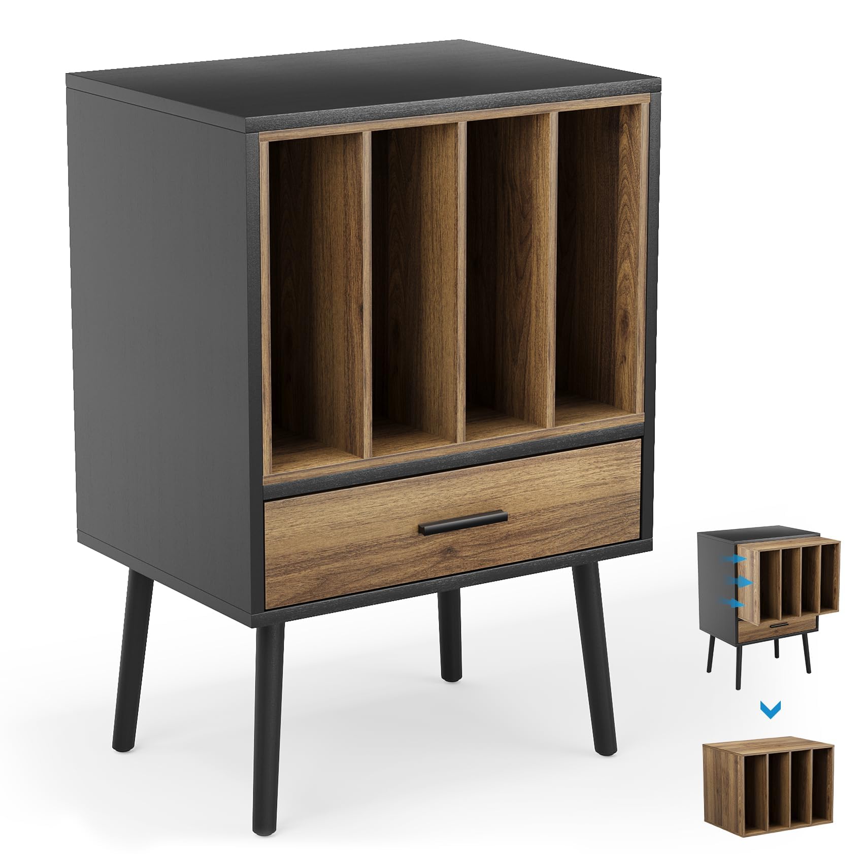 Semiocthome Record Player Stand with Nesting Vinyl Storage Crate, Record Player Table with a Drawer and Solid Wood Legs, Side End Table for Turntables for Living Room Bedroom